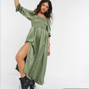 Asos Shirred Satin Maxi/Midi Green Dress